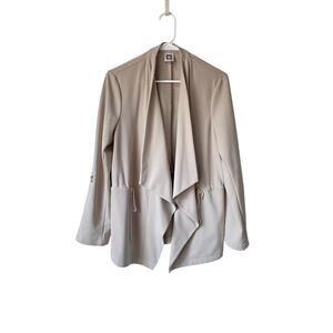 Anne Klein Beige Open Front Waterfall Jacket M Gold Accents Minimalist Neutral